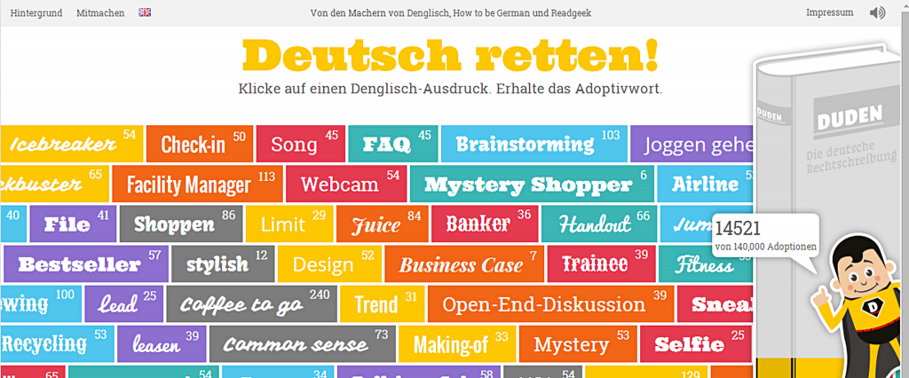 Screenshot: Deutsch retten, eine Website zur Reduzierung von Anglizismen.